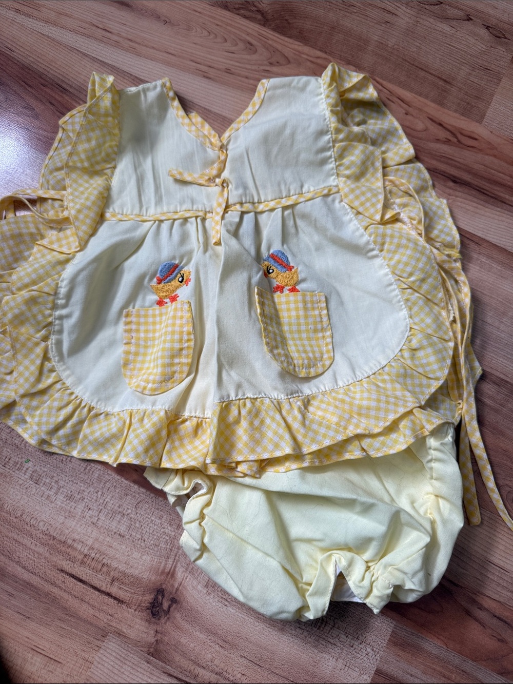 Yellow Gingham Baby Dress Set with Chick Appliqué